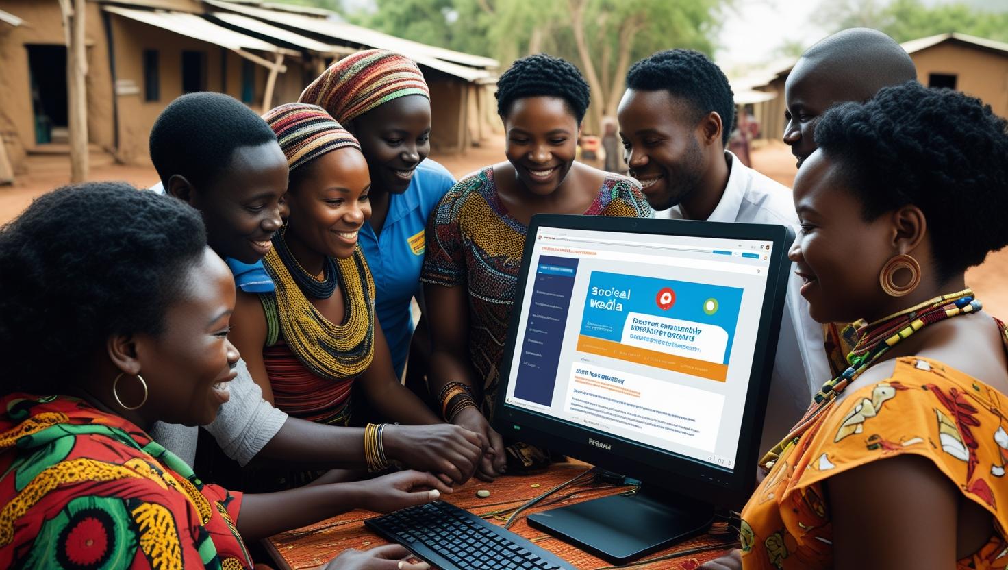An image of black African individuals surround a large desktop screen showing social media for nonprofit community programme in an African village.