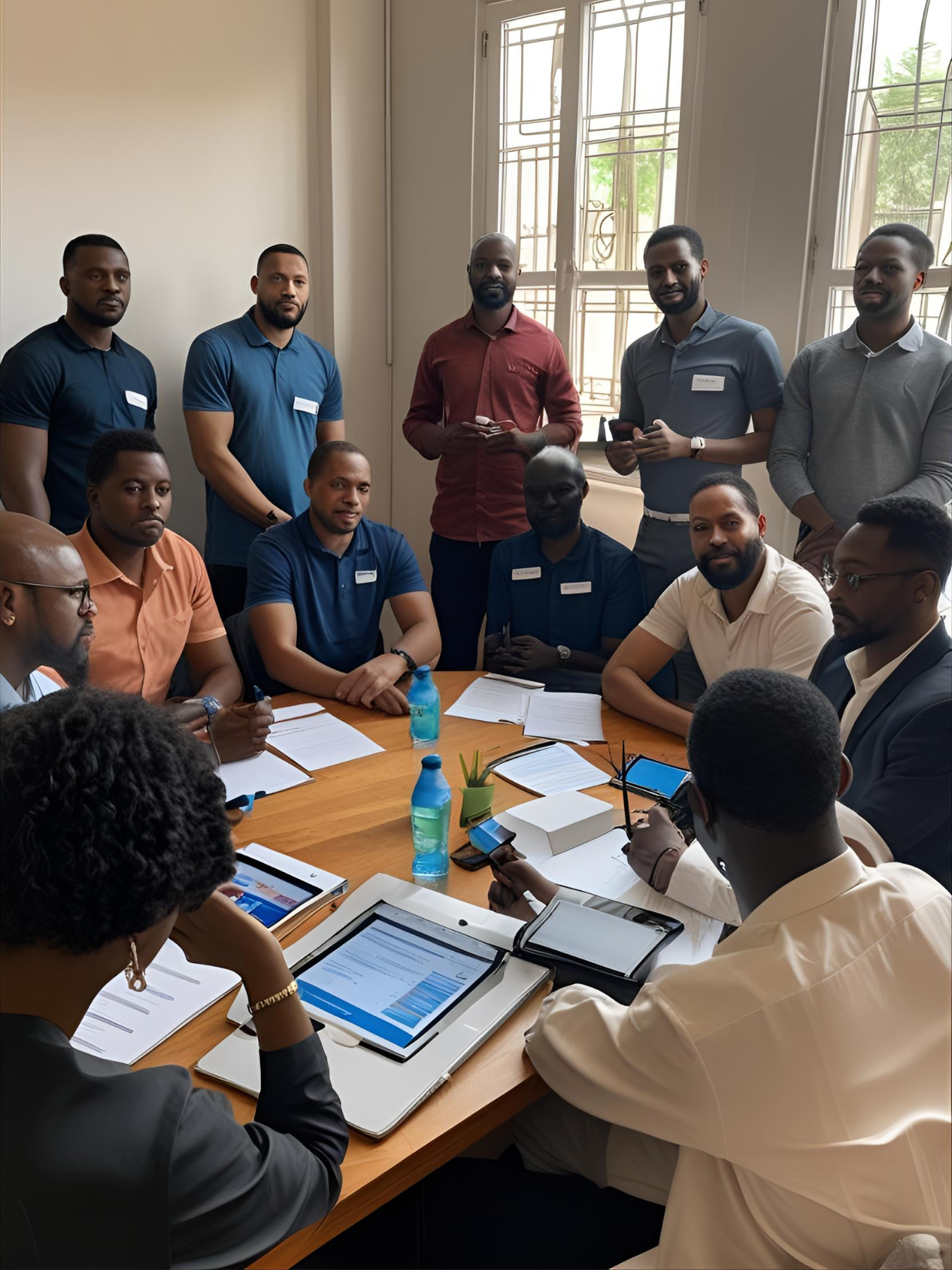 A group of men are attending digital technology training organised by the First Web Foundation. 